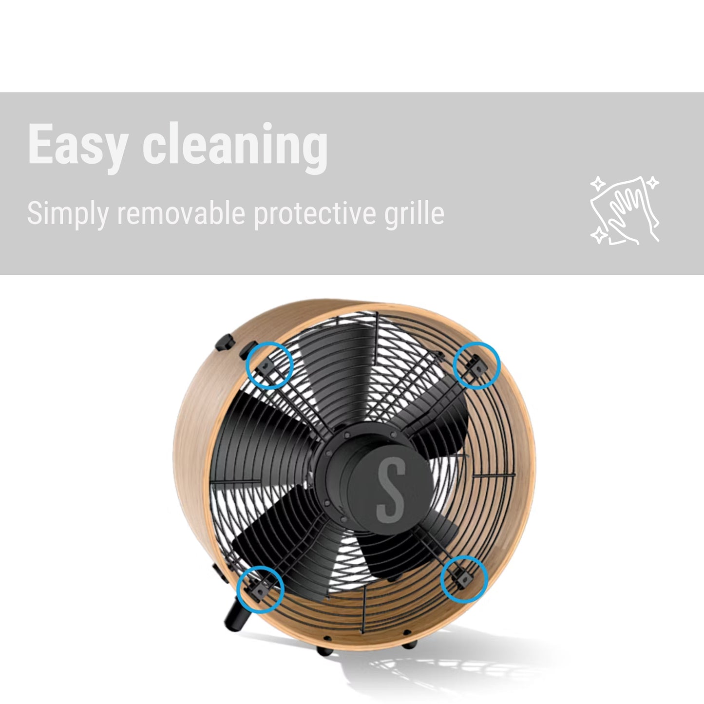 Stadler Form Otto bamboo fan with simply removable protective grille for cleaning