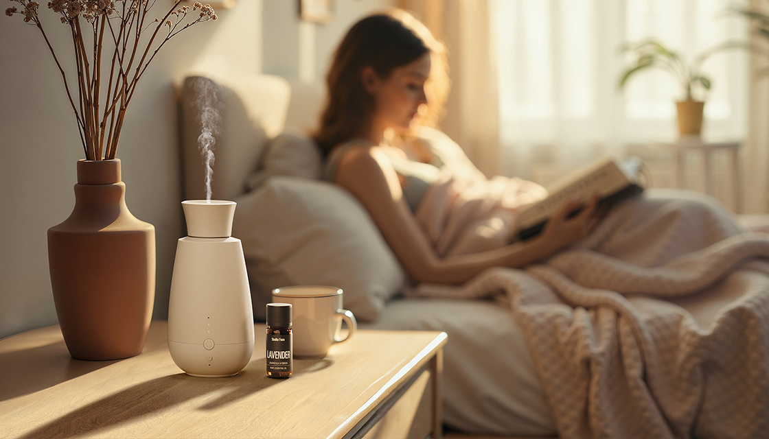 Stadler Form Ella aroma diffuser in a bedroom with a woman in the background