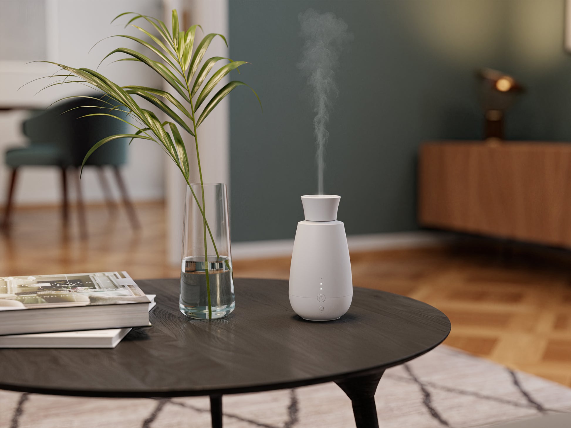 Stadler Form Ella aroma diffuser in a calm livingroom with plants and books