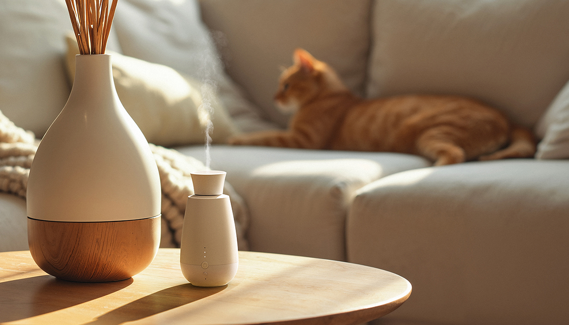 Stadler Form Ella aroma diffuser with a red cat on a couch